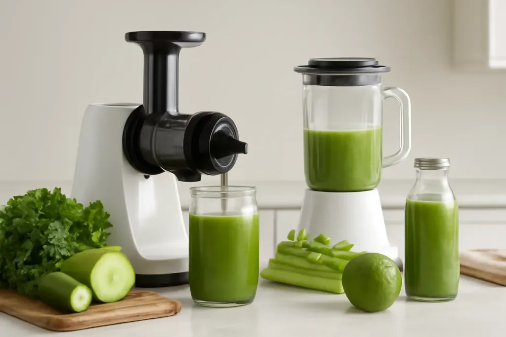 Photo illustrating masticating juicer for wheatgrass