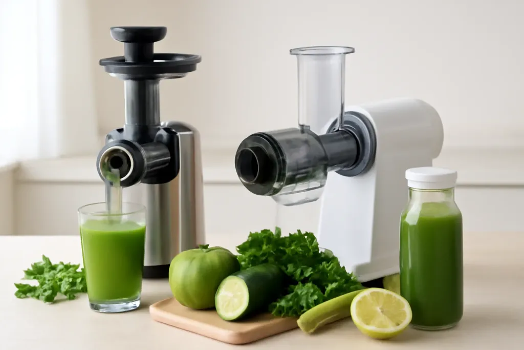 Photo illustrating vertical vs horizontal masticating juicer