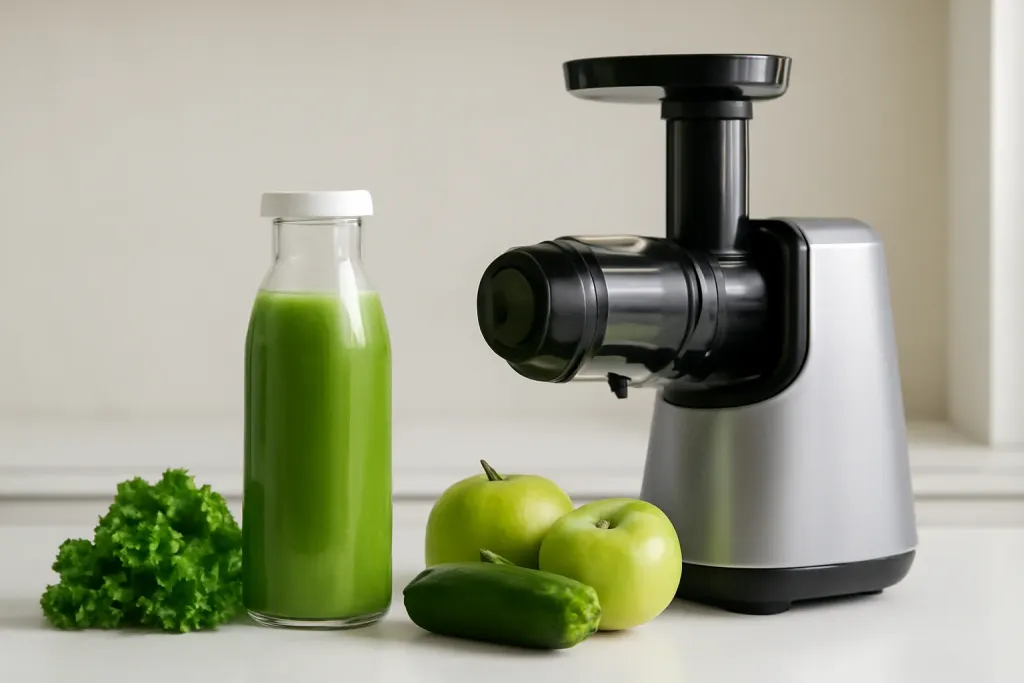Editorial photo of a fresh green juice bottle next to a masticating juicer and leafy greens on a kitchen counter