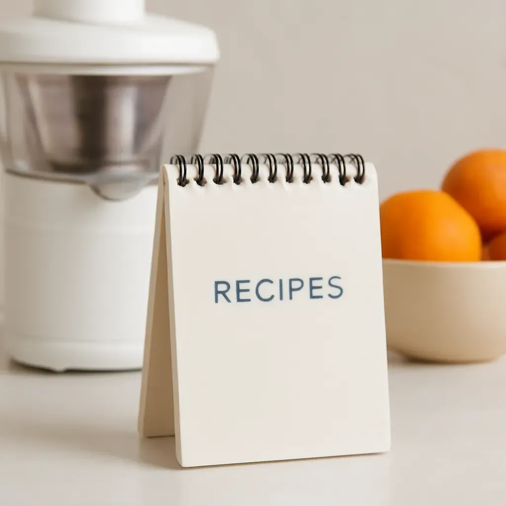 Editorial illustration (not the exact linked listing) of compact juicing recipe guide