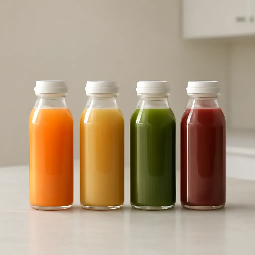 Editorial illustration (not the exact linked listing) of glass juice bottles set