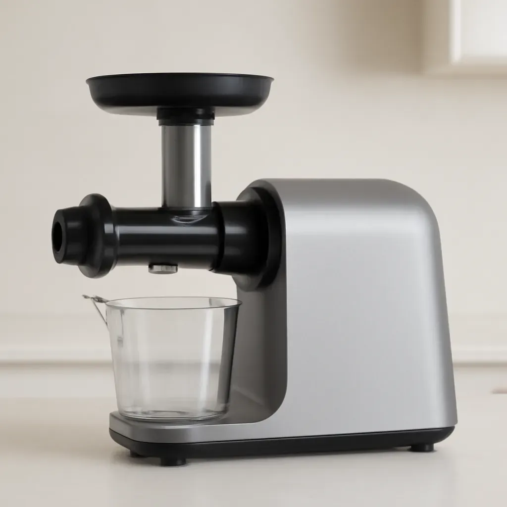Editorial illustration (not the exact linked listing) of horizontal single-auger juicer