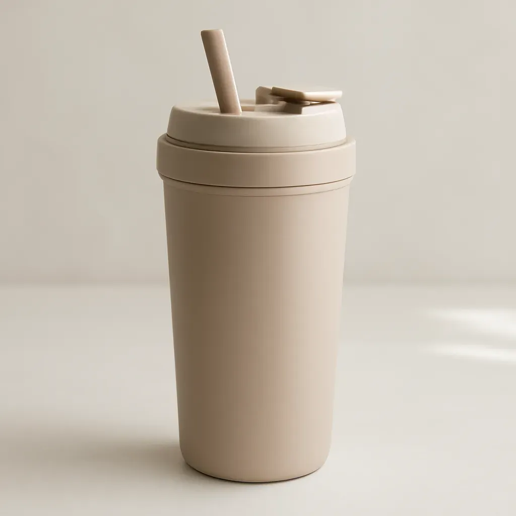 Editorial illustration (not the exact linked listing) of insulated travel cup with straw lid