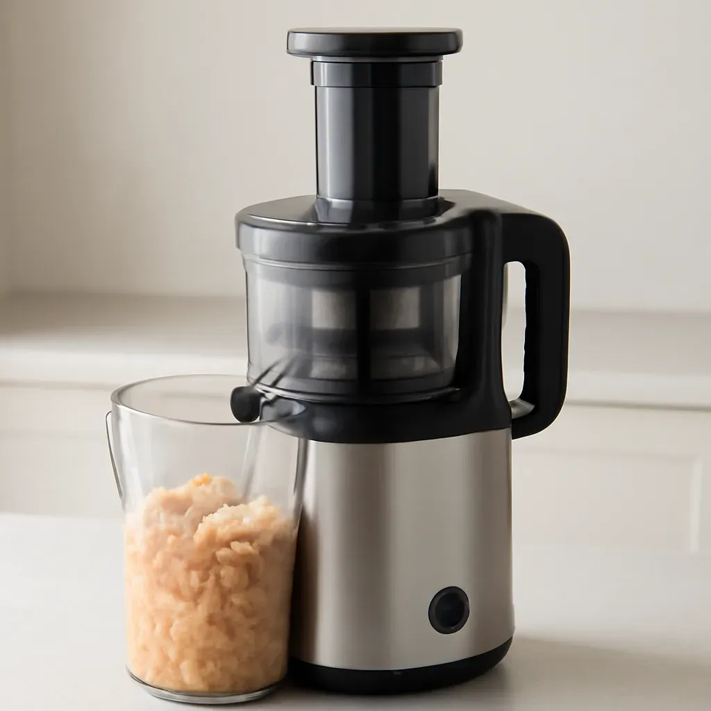Editorial illustration (not the exact linked listing) of juicer with extra-large pulp bin