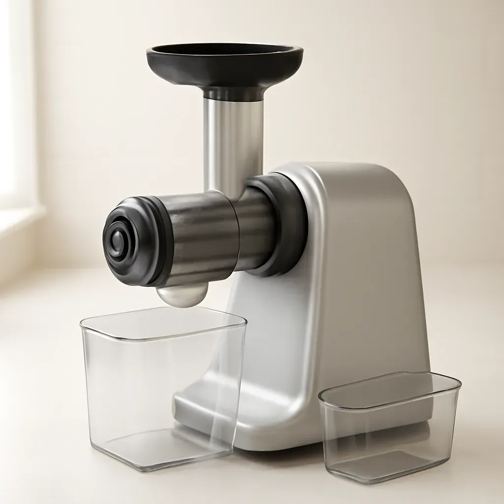 Editorial illustration (not the exact linked listing) of masticating juicer with wide feed chute