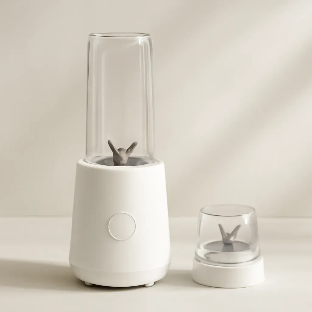 Editorial illustration (not the exact linked listing) of personal blender with multiple blade attachments