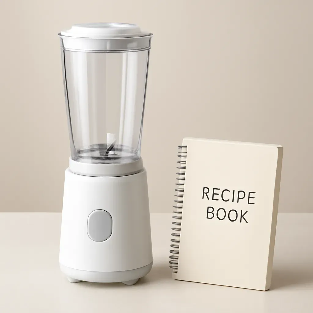 Editorial illustration (not the exact linked listing) of personal blender with recipe booklet
