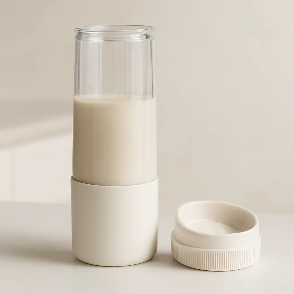 Editorial illustration (not the exact linked listing) of portable blender with strainer lid