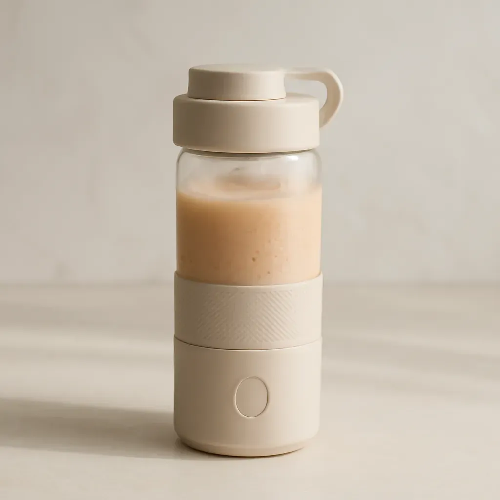 Editorial illustration (not the exact linked listing) of rugged portable blender for travel