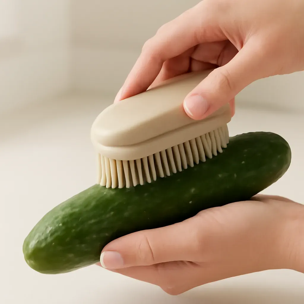 Editorial illustration (not the exact linked listing) of silicone produce scrub brush