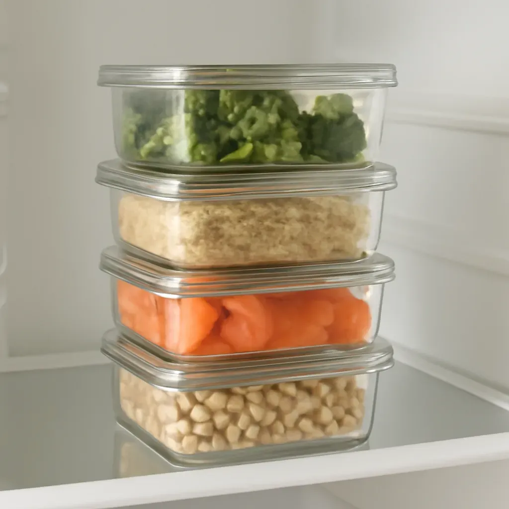Editorial illustration (not the exact linked listing) of stackable glass storage containers