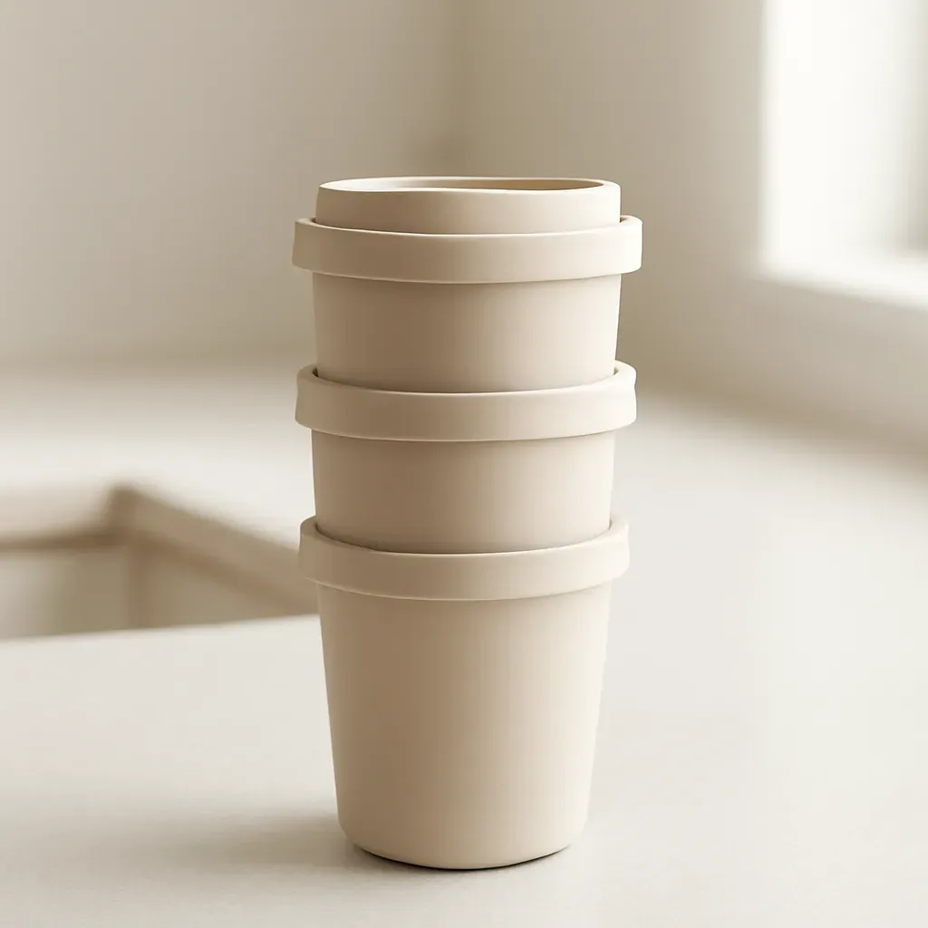 Editorial illustration (not the exact linked listing) of stackable travel cup set