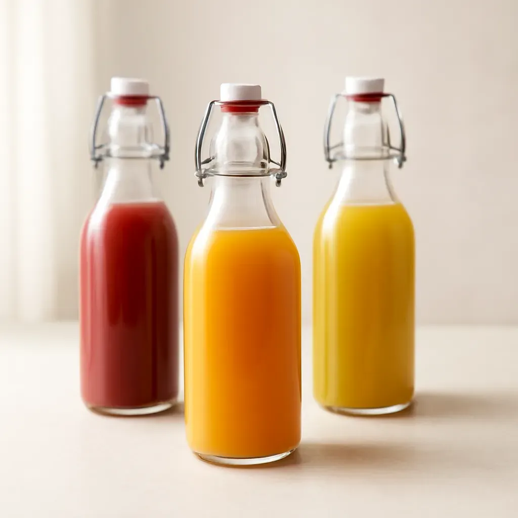 Editorial illustration (not the exact linked listing) of swing-top juice bottles