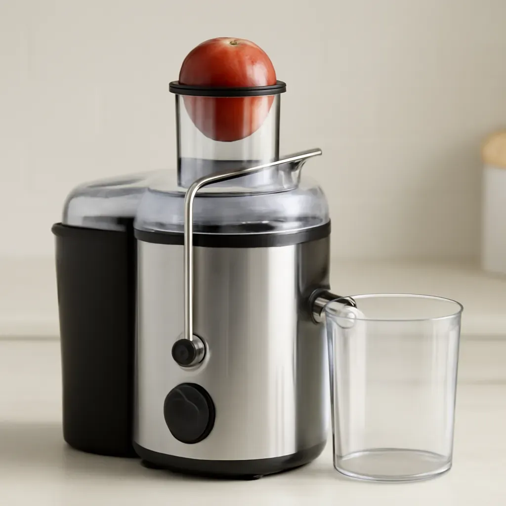 Editorial illustration (not the exact linked listing) of wide-chute centrifugal juicer